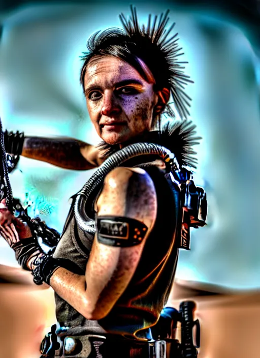 Prompt: mad max style warrior woman in desert _ unreal _ 5 _ daz. _ rpg _ portrait _ extremely _ detailed _ hyper real photo, shot with canon eos r 6