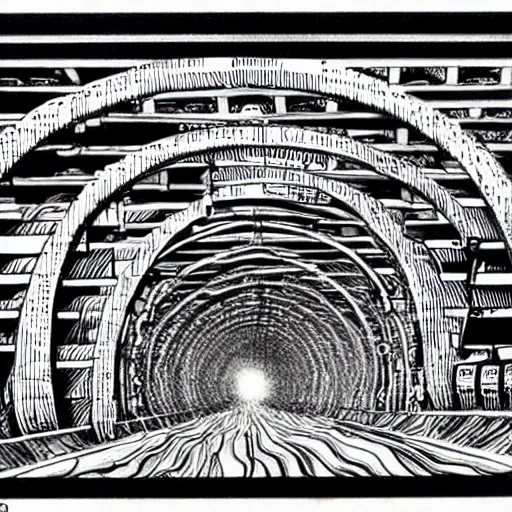 Image similar to computational tunnels, a tunnel complex full of mechanical computers and hooded robots, drawing by jim woodring, junji ito, m.c. escher