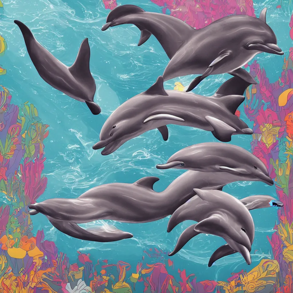 Prompt: retrofuturistic digital airbrush illustrated album cover of an anthropomorphic dolphin