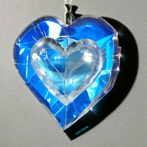 Image similar to crystal cave with large transparent crystals forming a human heart, intricate details, 3 d occlusion, blue on transparency on silver, heart