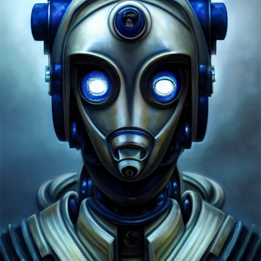 Image similar to front shot of a cyberpunk gazmask robot character, blue eye, chernobyl, intricate, elegant, highly detailed, centered, digital painting, artstation, concept art, smooth, sharp focus, illustration, artgerm, Tomasz Alen Kopera, Peter Mohrbacher, donato giancola, Joseph Christian Leyendecker, WLOP, Boris Vallejo