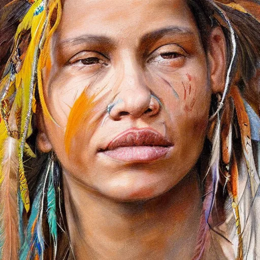 Image similar to high quality high detail painting by jenny saville, hd, a skinny beautiful indigenous woman tribe leader, hair in wind, many pretty feathers, photorealistic lighting