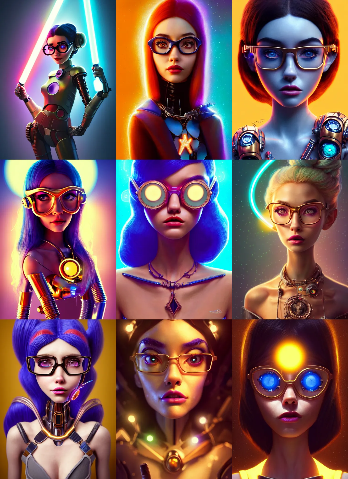 Prompt: pixar portrait 8 k photo, beautiful edc star wars clowncore madison beer cyborg woman, golden ratio jewelry lights, sci - fi, fantasy, cyberpunk, intricate, glasses, elegant, highly detailed, digital painting, ever after high, octane render, artstation, concept art, smooth, sharp focus, illustration, art by artgerm, loish, wlop