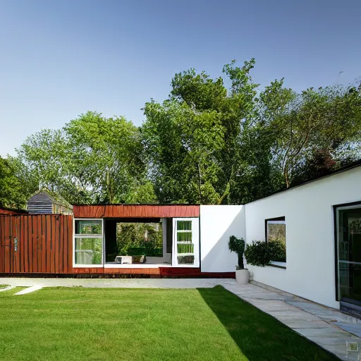 Image similar to Modern gable roofed Farmhouses compound, garden, white block fence,