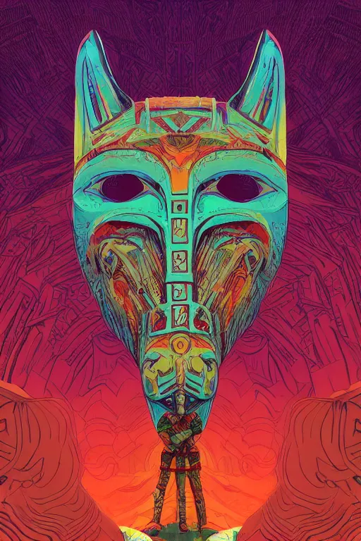 Image similar to totem animal tribal chaman vodoo mask feather gemstone plant video game illustration vivid color borderlands and by feng zhu and laurie greasley, victo ngai, andreas rocha, john harris radiating a glowing aura