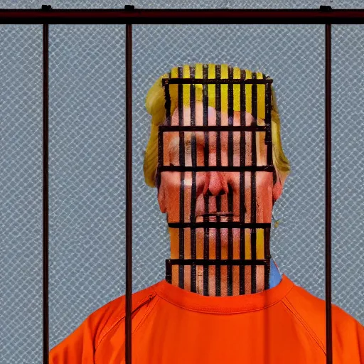 Prompt: donald trump wearing orange prison jumpsuit, locked behind bars, crying and whining.