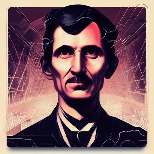 Image similar to majestic genius inventor nikola tesla profile picture by sachin teng, masterpiece, organic painting, matte painting, technical geometrical drawing shapes, lightning electricity coil, hard edges, graffiti, street art by sachin teng