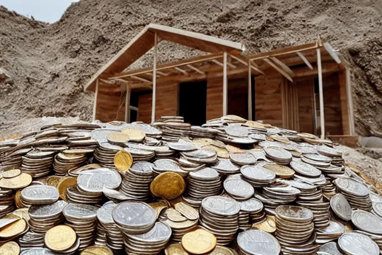 Image similar to a house, under construction, made of money, with piles of coins around it