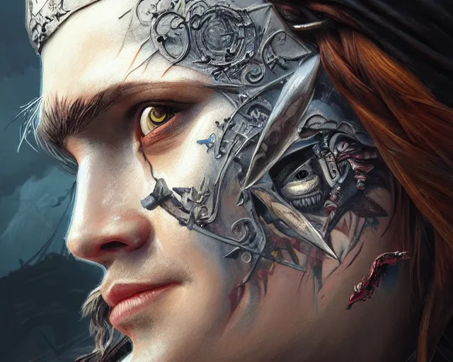 Image similar to close up of a pirate with scars and a face tattoo depicting neural networks and ai, deep focus, d & d, fantasy, intricate, elegant, highly detailed, digital painting, artstation, concept art, matte, sharp focus, illustration, hearthstone, art by artgerm and greg rutkowski and alphonse mucha