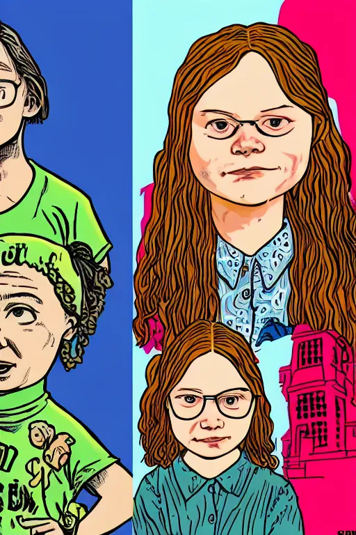 Image similar to greta thunberg as a cute robert crumb cartoon, head and shoulders