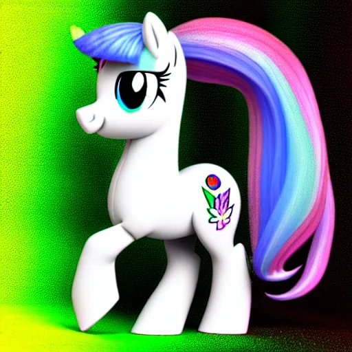 Image similar to white colored stoner pony from my little pony, marijuana themed, weed cutie mark, art, volumetric smokey background, colorful, 3 d, render, blender 3 d, soft lighting, green mane