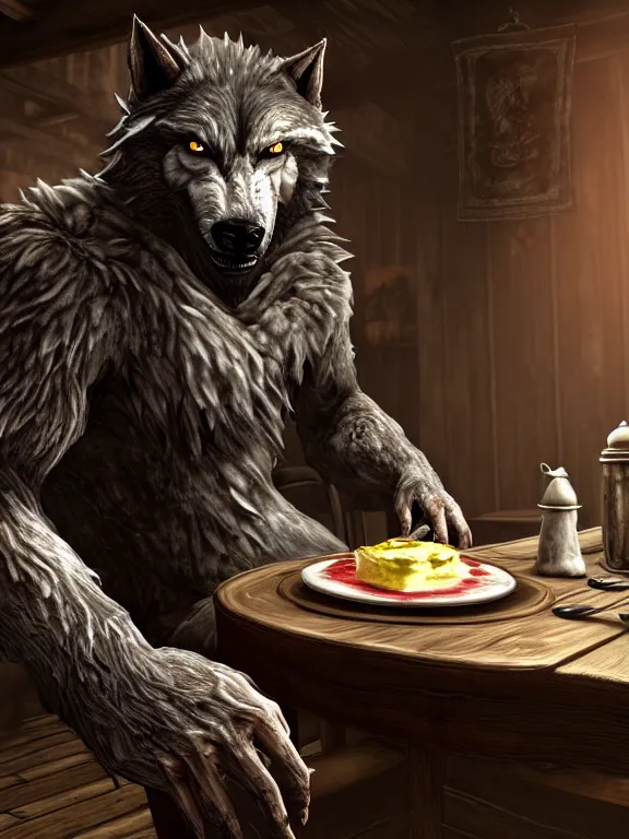 Image similar to cute handsome cuddly burly surly relaxed calm timid werewolf from van helsing sitting down at the breakfast table in the kitchen of a normal country home cooking having fun lighthearted whimsy whimsical baking strawberry tart cakes unreal engine hyperreallistic render 8k character concept art masterpiece screenshot from the video game the Elder Scrolls V: Skyrim