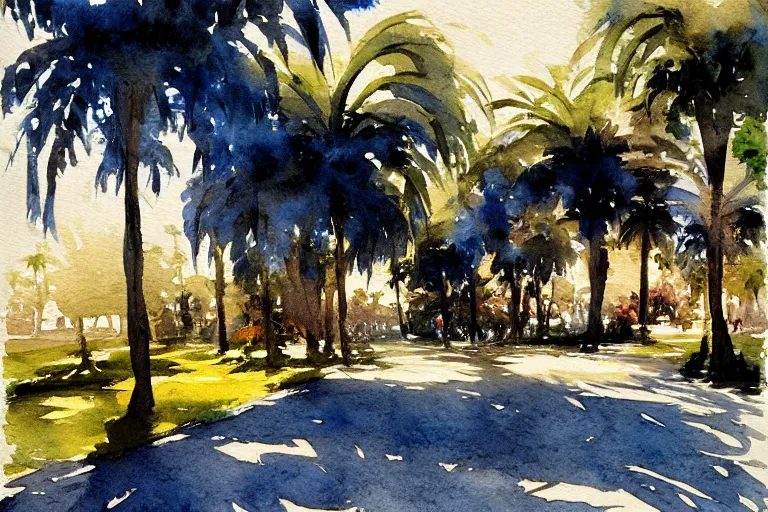 Prompt: small centered on watercolor paper, paint brush strokes, abstract watercolor painting of city park with palm trees, daylight, shadows, covering foliage over pathway, sunlight shining through, translucent leaves, cinematic light, national romanticism by hans dahl, by jesper ejsing, by anders zorn, by greg rutkowski, by greg manchess, by tyler edlin