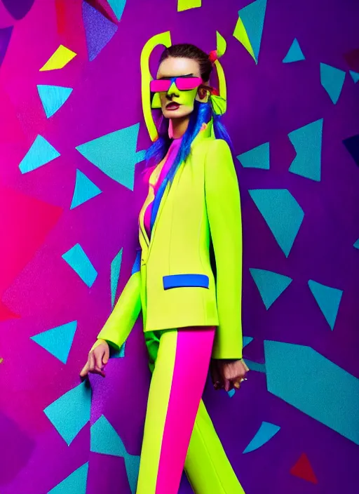 Image similar to bright trouser suit for a rave, bright colors, many details, prints, photo for a magazine, photo for a store, fashion photography, Vogue, 135 mm, cinematic, hyper realism, high detail, 8k, Two models in the frame, dynamic pose,Smooth skin, perfect face