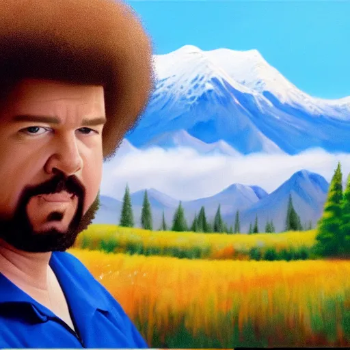 Image similar to a closeup photorealistic photograph of bob ross painting kenny powers dressed in baseball uniform onto a canvas. mountains and trees. film still. brightly lit scene. this 4 k hd image is trending on artstation, featured on behance, well - rendered, extra crisp, features intricate detail, epic composition and the style of unreal engine.