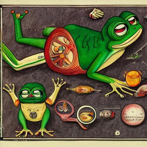 Image similar to pepe the frog ( pokemon ) anatomical diagram, in codex seraphinianus