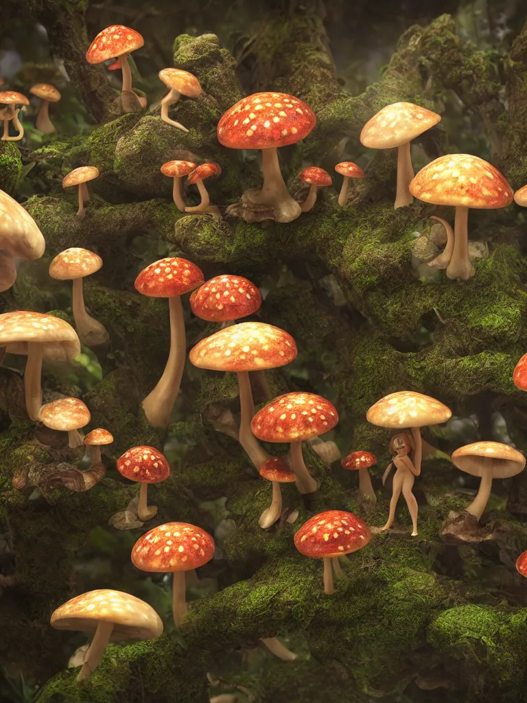 Image similar to fairy's dance in delight around a complex engine creating mushrooms, by viktoria gavrilenko, octane render, 8 k, beautifully lit