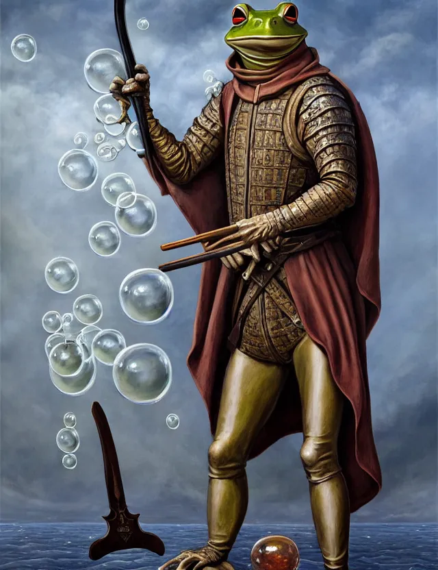 Image similar to anthropomorphic bipedal frog that is dressed as a renaissance fighter, and holding a zweihander, as a matte oil painting and d & d character art, by alex grey, standing, fullbody, floating bubbles, mystic, fog, fractals, spirals, concept art, award - winning, extremely detailed, sharp focus