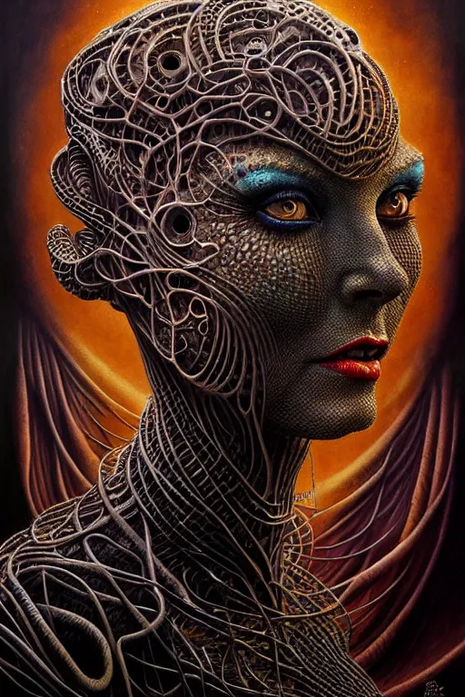 Image similar to single face portrait. complex hyper-maximalist overdetailed cinematic cosmic scifi portrait of an elegant very attractive but wild and dangerous humanoid reptilian goddess by andrei riabovitchev, tomasz alen kopera, oleksandra shchaslyva. Omnious intricate. Secessionist portrait illustration. Poison goddes. Slightly influenced by giger. Zerg human hybrid goddes. Unreal engine 5. Focus on face. Artstation. Deviantart. 8k 4k 64megapixel. Cosmic horror style. Rendered by binx.ly.