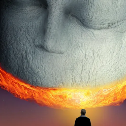 Prompt: The man in the black coat looking at the great burning moon, hyperrealistic, high detalied, 8K, high quality, high rendering,