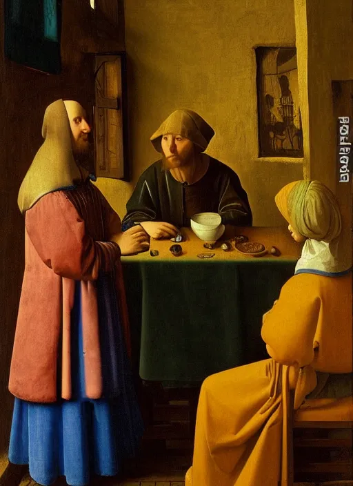 Image similar to young man at the table with young pretty blonde girl at the crowded tavern in the evening. medieval painting by jan van eyck, johannes vermeer