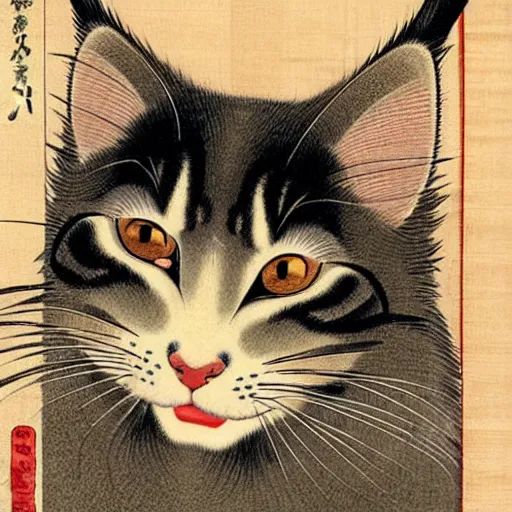 Image similar to beautiful portrait ukiyo - e painting of an ginger maine coon by kano hideyori, kano tan'yu, kaigetsudo ando, miyagawa choshun, okumura masanobu, kitagawa utamaro