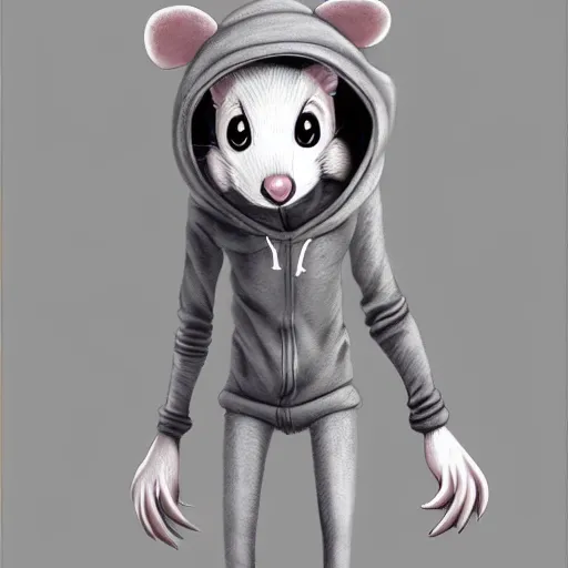 Image similar to a full body shot of a cute anthro furry rat wearing a hoodie looking into the camera, highly realistic, furry art, furaffinity, deviantart, symmetrical, highly detailed, award winning, trending