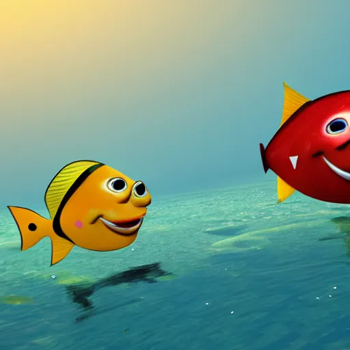 Prompt: a 3d render of two fish underwater, with a boat on top of the sea , in the style of a pixar cartoon, disney cartoon