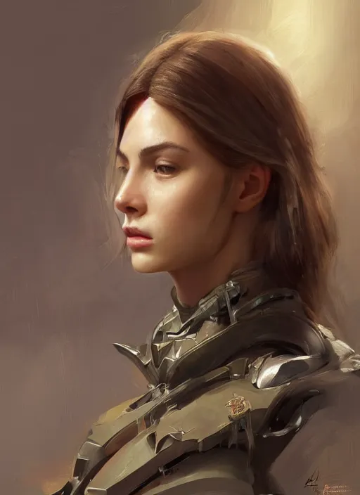 Image similar to a professional painting of a beautiful young female, clothed in military armor, olive skin, long dark hair, beautiful bone structure, symmetrical facial features, intricate, elegant, digital painting, concept art, smooth, sharp focus, illustration, from Metal Gear, by Ruan Jia and Mandy Jurgens and Artgerm and William-Adolphe Bouguerea