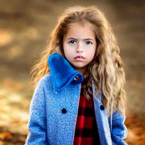 Prompt: a little portuguese girl with white - fair!!!!! skin, dirty blonde hair and blue eyes, wearing a disney land coat and blue jeans, 4 k, 8 k, photorealistic facial features