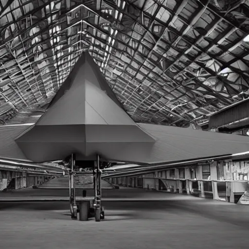 Image similar to large angular spaceship sitting in a poorly lit hanger futuristic gritty dystopian