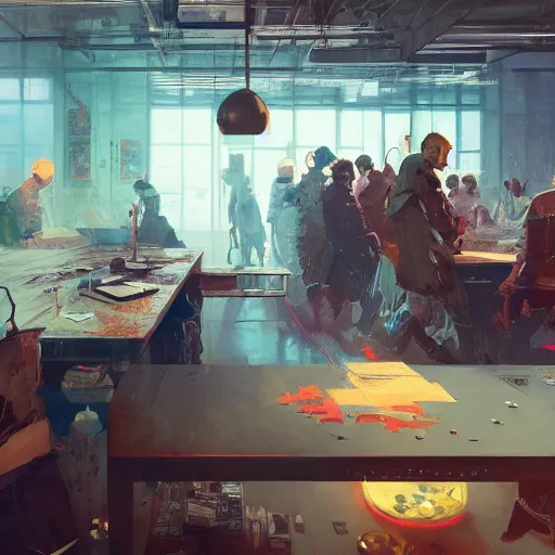 Prompt: chemical woekshop, the office table by victo ngai and ruan jia and greg rutkowski, trending on artstation, unreal engine, 4 k hd wallpaper