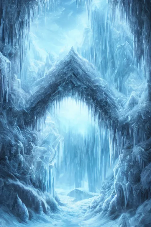 Prompt: gateway to a frozen realm in a dreamy beautiful fantasy landscape. Digital art. Very detailed. Trending on artstation.