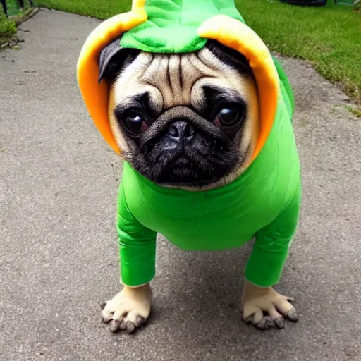 Image similar to a pug wearing a dinosaur costume, photo