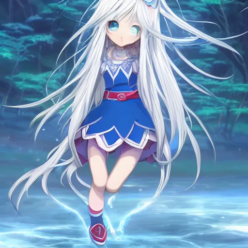 Image similar to a very beautiful anime elf girl, full body, long silver hair with a flower, sky blue eyes, full round face, short smile, revealing clothes, thick thigs, firm chest, ice snowy lake setting, cinematic lightning, medium shot, mid-shot, highly detailed, trending on Artstation, Unreal Engine 4k, cinematic wallpaper by Stanley Artgerm Lau, WLOP, Rossdraws, James Jean, Andrei Riabovitchev, Marc Simonetti, and Sakimichan