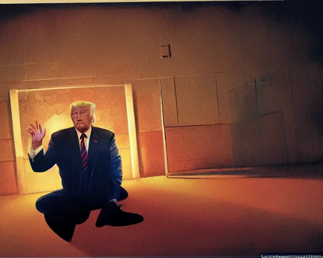 Image similar to a portrait of Donald trump sitting on the floor of a filthy jail cell lit by spotlight, dimly lit, wearing a orange jumpsuit in jail by craig mullins and norman rockwell, octane, 35mm photo,