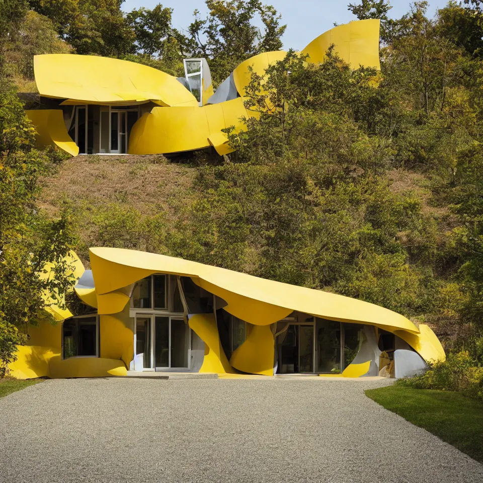 Image similar to a flat leveled bungalow designed by Frank Gehry. Tiles. Gravel driveway. Film grain, cinematic, yellow hue