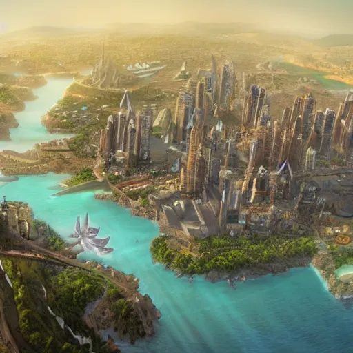 Image similar to Large Fantasy City in the middle of an island in the ocean, concept art, matte painting, birds eye view, city plans