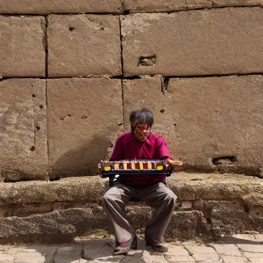 Image similar to a photograph of an ancient ruin monument depicting a man playing a synthesizer, maya, inka, aztec