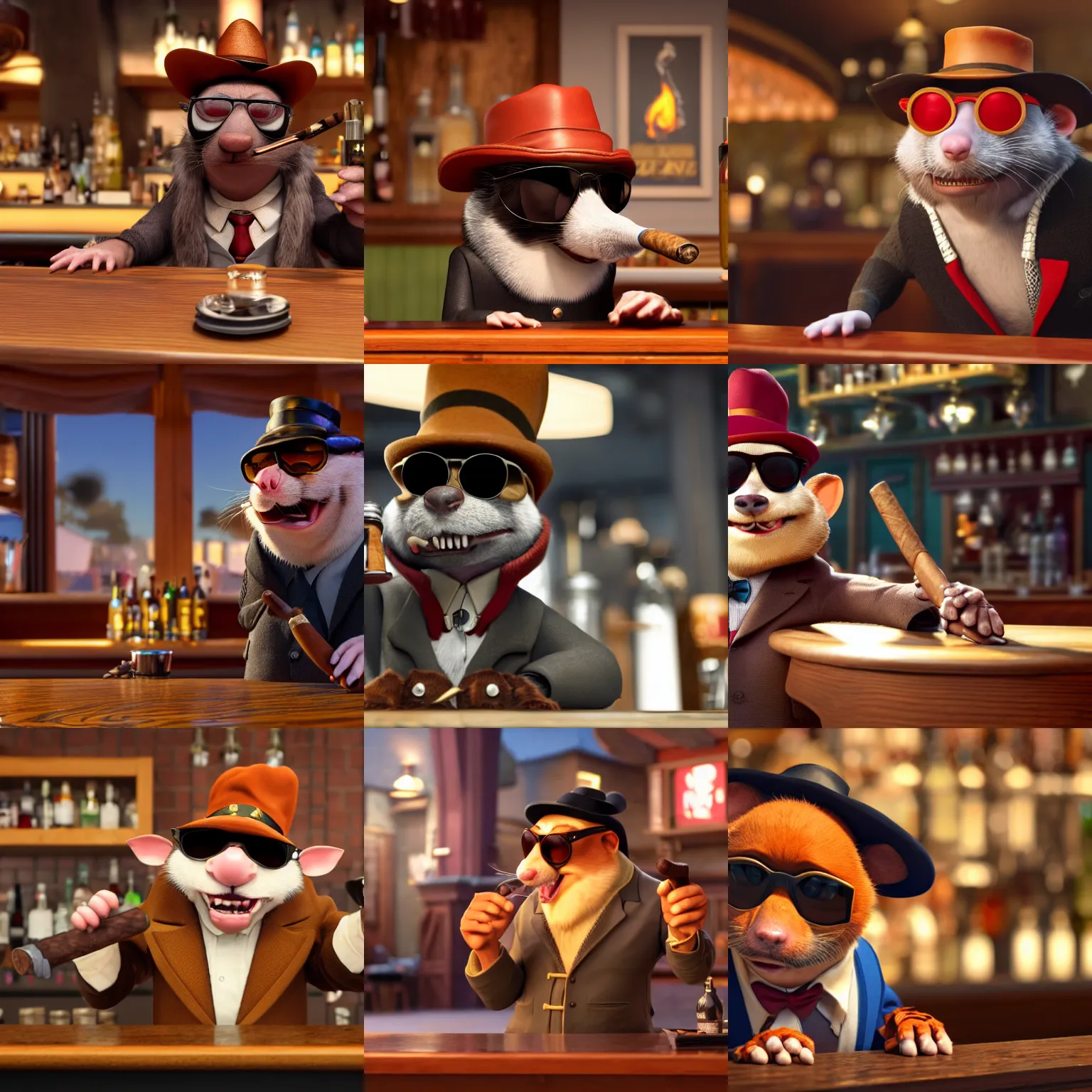 Prompt: a still of an anthropomorphic gangster rat, wearing sunglasses and a mafia-style hat, holding a large cigar, long fur, sitting at a bar in a Disney Pixar movie, 35mm f2.8, 4k, artstation, PBR materials, Pixar renderman render