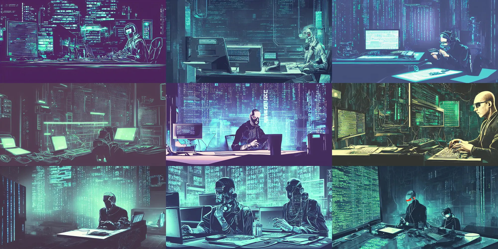 Prompt: illustration of a cyberpunk man coding and hacking on a computer, futuristic computer, dark atmosphere, cyberpunk basement, big data-center, RGB, Fadeev, Anton, Afshar, Petros