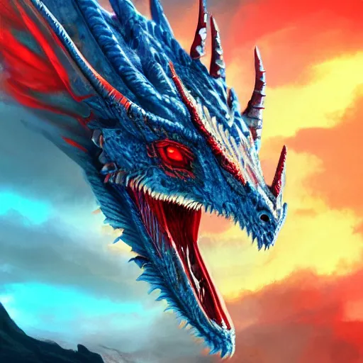Prompt: a majestic dragon with azure blue eyes, iron claws, golden wings and scarlet red skin, hd, 4k, trending on artstation, award winning, 8k, 4k, 4k, very very very detailed, high quality digital art