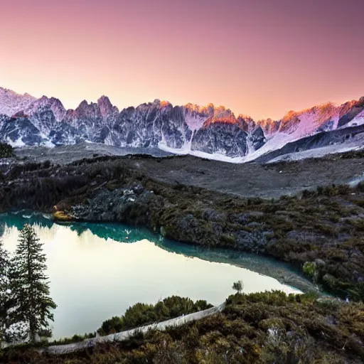 Prompt: sun setting over Italian Lake, snowy mountains in the background,