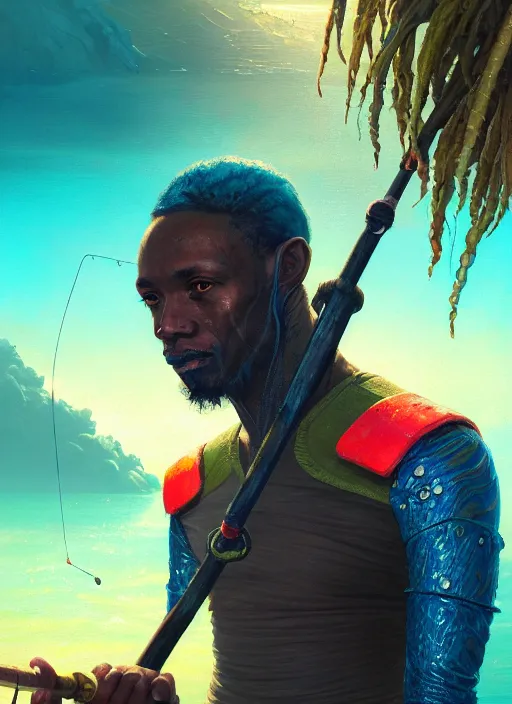 Image similar to portrait of a male jamaican fisherman sci - fi glowing fishing armor fishing rod cyberpunk muscular intricate elegant highly detailed digital painting artstation concept art, ocean background, reggae colors, cinematic, greg rutkowski, loish, rhads, ferdinand knab, makoto shinkai and lois van baarle, ilya kuvshinov, rossdraws, tom bagshaw