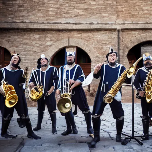 Prompt: professional photo of a medieval jazz band, knights in armor playing jazz at The Blue Note, Zeiss 150mm f2.8 Hasselblad