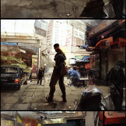 Image similar to a realistic hyperdetailed multi - colored digital oil full body portrait painting of a man playing warzone outside at a restaurant, beer in hand, in the style of guy denning, ruan jia, and craig mullins. trending on artstation and deviantart. cgsociety digital art.