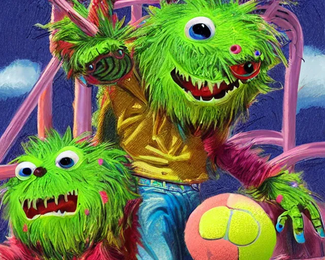 Image similar to tennis ball monsters, theme park, roller coaster, digital art, fantasy, magic, chalk, chalked, trending on artstation, ultra detailed, detailed, fine details, professional illustration by basil gogos