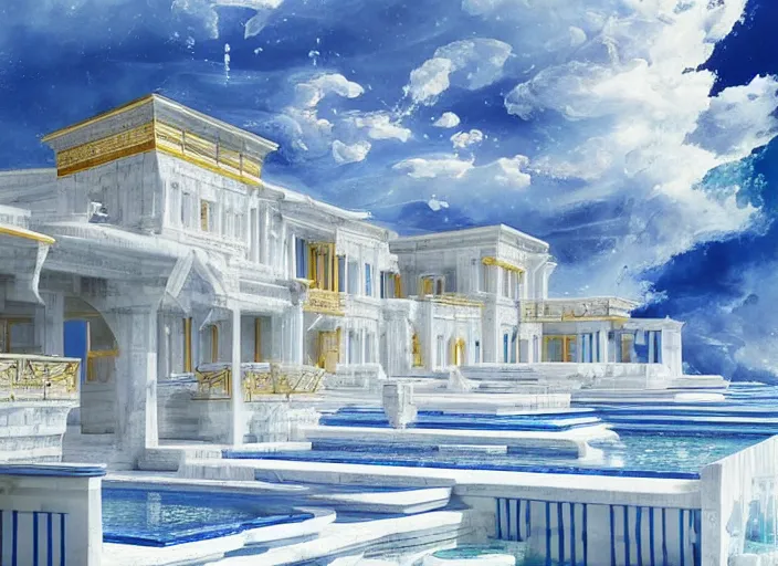 Image similar to modern chic futuristic royal blue and white house with gold intricate details at Pamukkale, thermal waters flowing down white travertine terraces, ethereal and dreamy heavenly clouds, holy, divine, heavenly kingdom, intricate, elegant, luxurious, digital painting, concept art, smooth, sharp focus, from Star Trek 2021, illustration, by WLOP and Ruan Jia and Mandy Jurgens and William-Adolphe Bouguereau, Artgerm