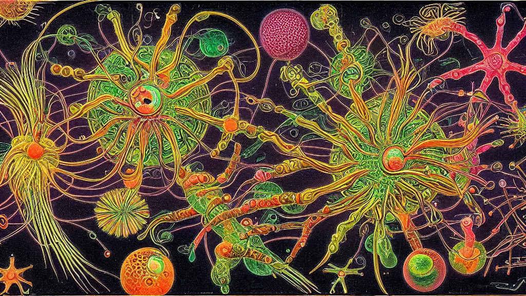 Image similar to quantum connections represented as symbiotic organisms like cells playing around with colorful lights by ernst haeckel, magnetic, chewy