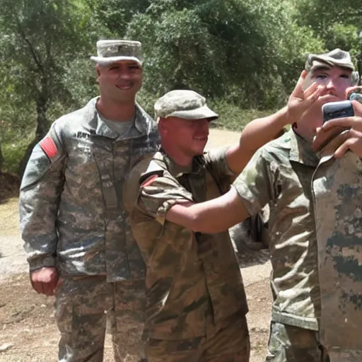 Image similar to a soldier takes a selfie with tribesmen.